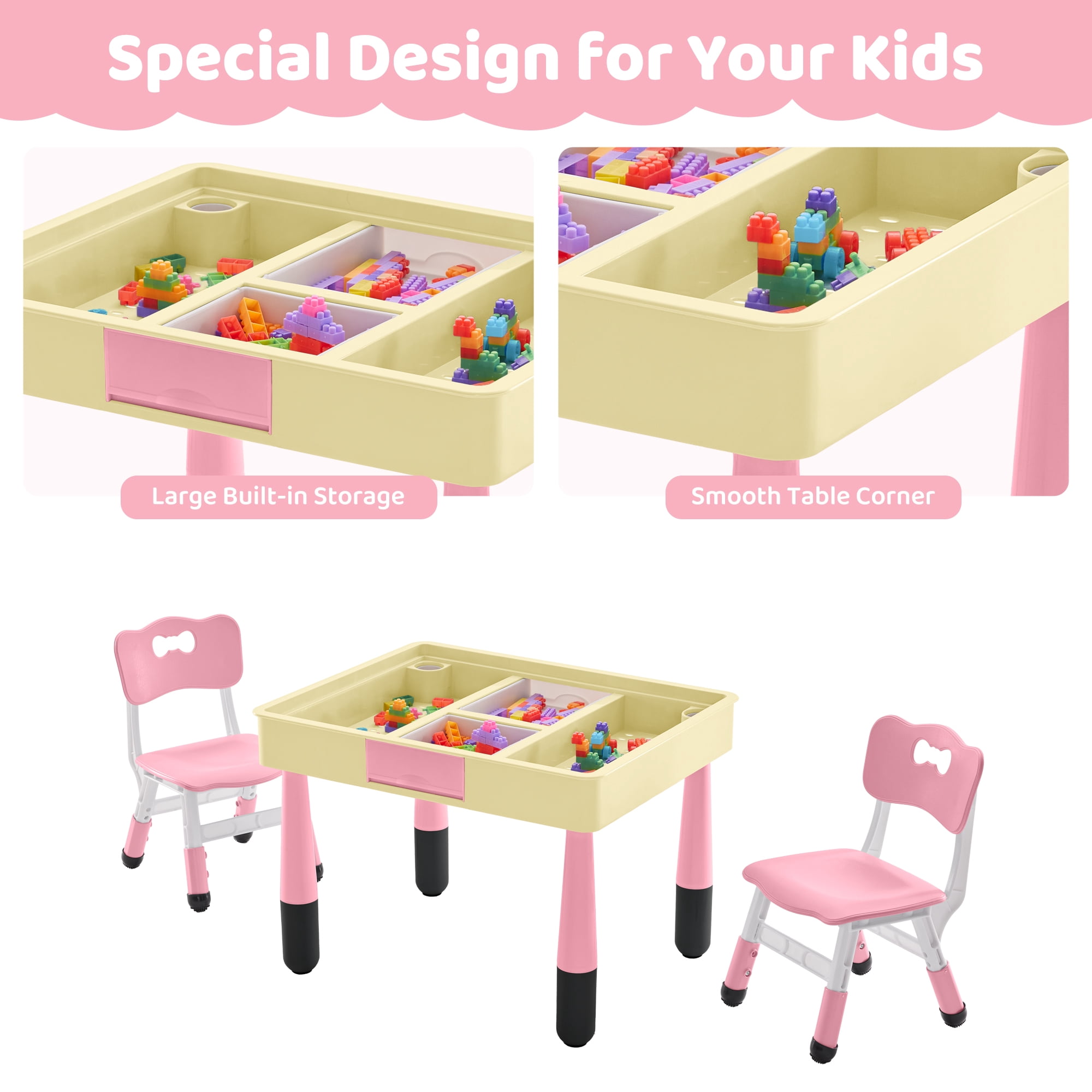 DOREROOM Kids 3-Piece Storage Activity Table and Chair Set, Pink