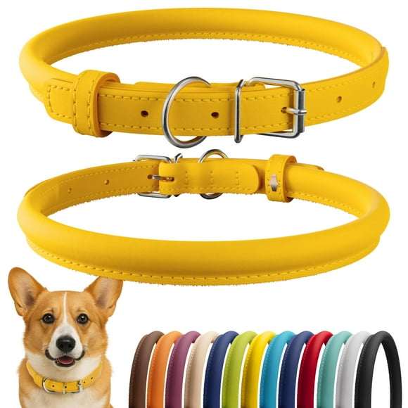 Collardirect Collier pour Chien en Cuir Roulé, Collier Rond Rembourré Doux, Collier en Cuir Véritable Fait Main, Petits et Grands Colliers pour Chat, 13 Couleurs (11-14 Pouces Jaune Lisse)