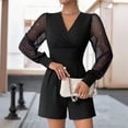 thumbnail image 5 of Lace Jumpsuit for Women Dressy Long Sleeve V-Neck Tunic Waist Pleated Solid Color Elegant Short Pants Business Rompers for Working Casual Black S-2XL, 5 of 8
