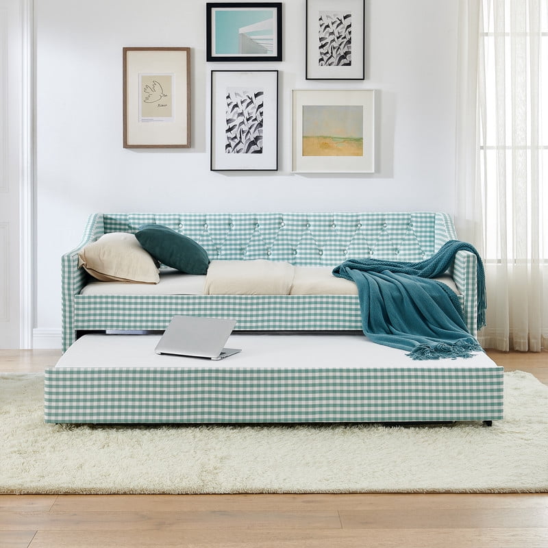 Twin Size Daybed with Pop Up Trundle, Gingham Upholstered Daybed Frame with Tufted Button Backrest and Side Storage Pocket, Modern Sofa Bed for Living Room Bedroom