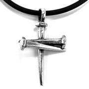 Antique Silver Finish Cross Nails Necklace (wc80lsilverrubb) On Black Rubber Cord