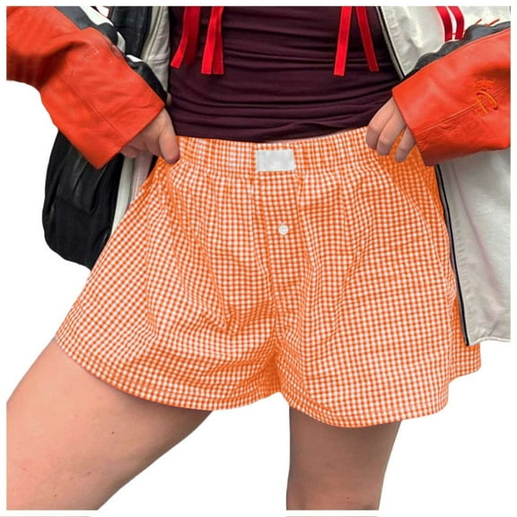 Bjutir Womens Shorts Shorts Cute Soft Plaid Print Button Front Pajama Bottoms Shorts Sleepwear Orange S