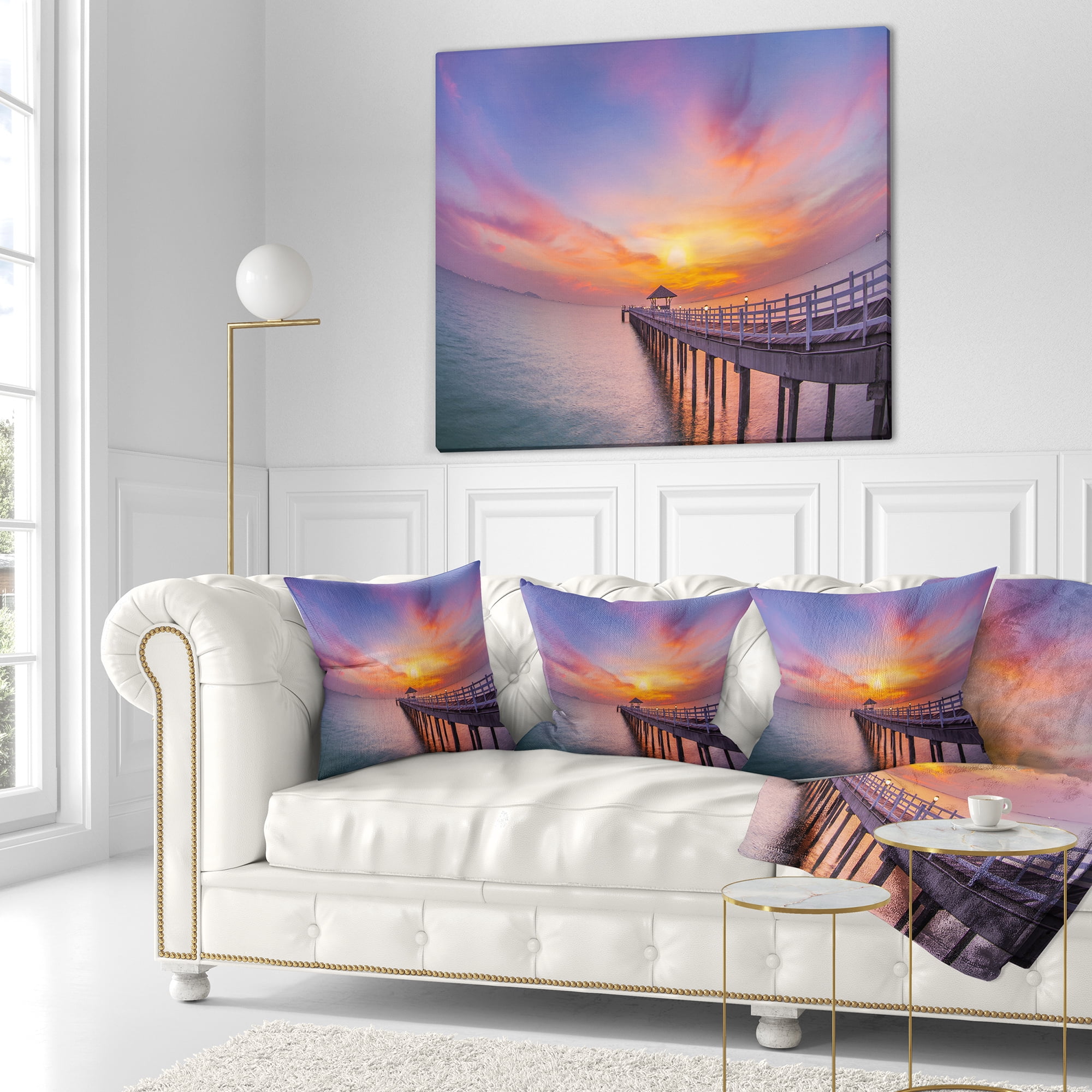 Designart Wooden Bridge Long Into the Ocean - Pier Seascape Throw Pillow - 18x18