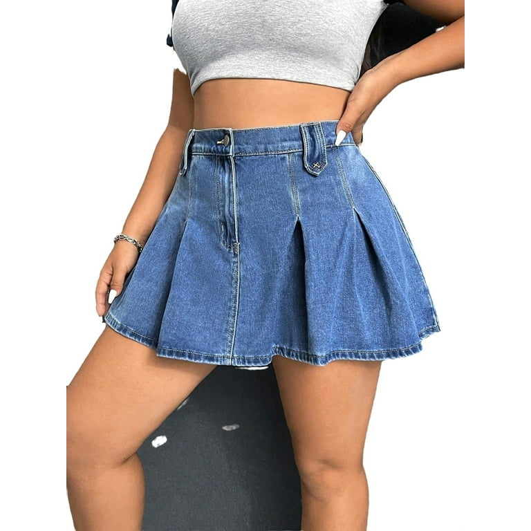 Plain Pleated Skirt Medium Wash Plus Size Denim Skirts