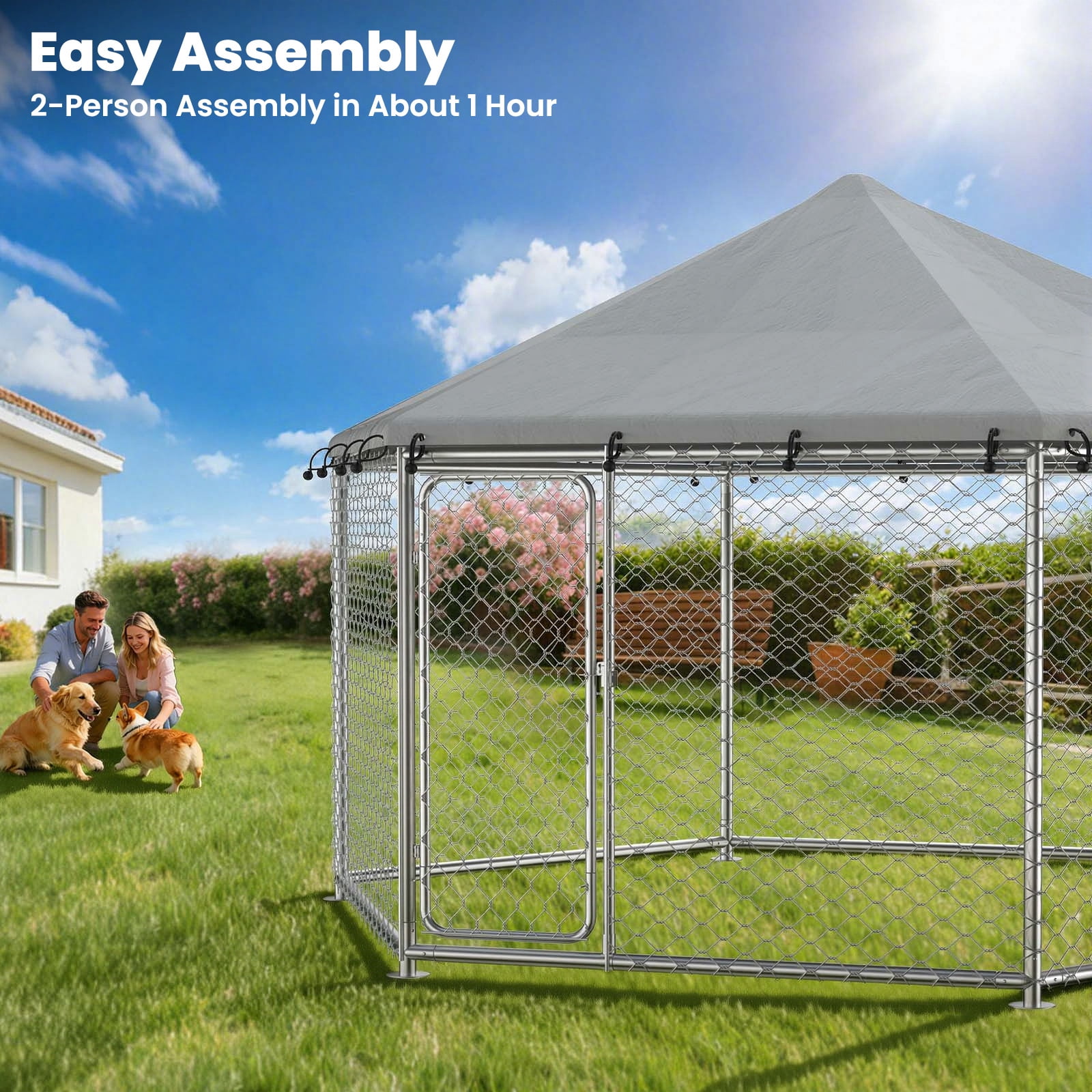 YOKWOK 12.5x12.5ft Large Outdoor Dog Kennel, Heavy Duty Dog Kennel with Anti-Rust Wire, Waterproof Roof Cover, Security Lock & Metal Gate for Large Dogs, Backyard, Farm, Outside Use