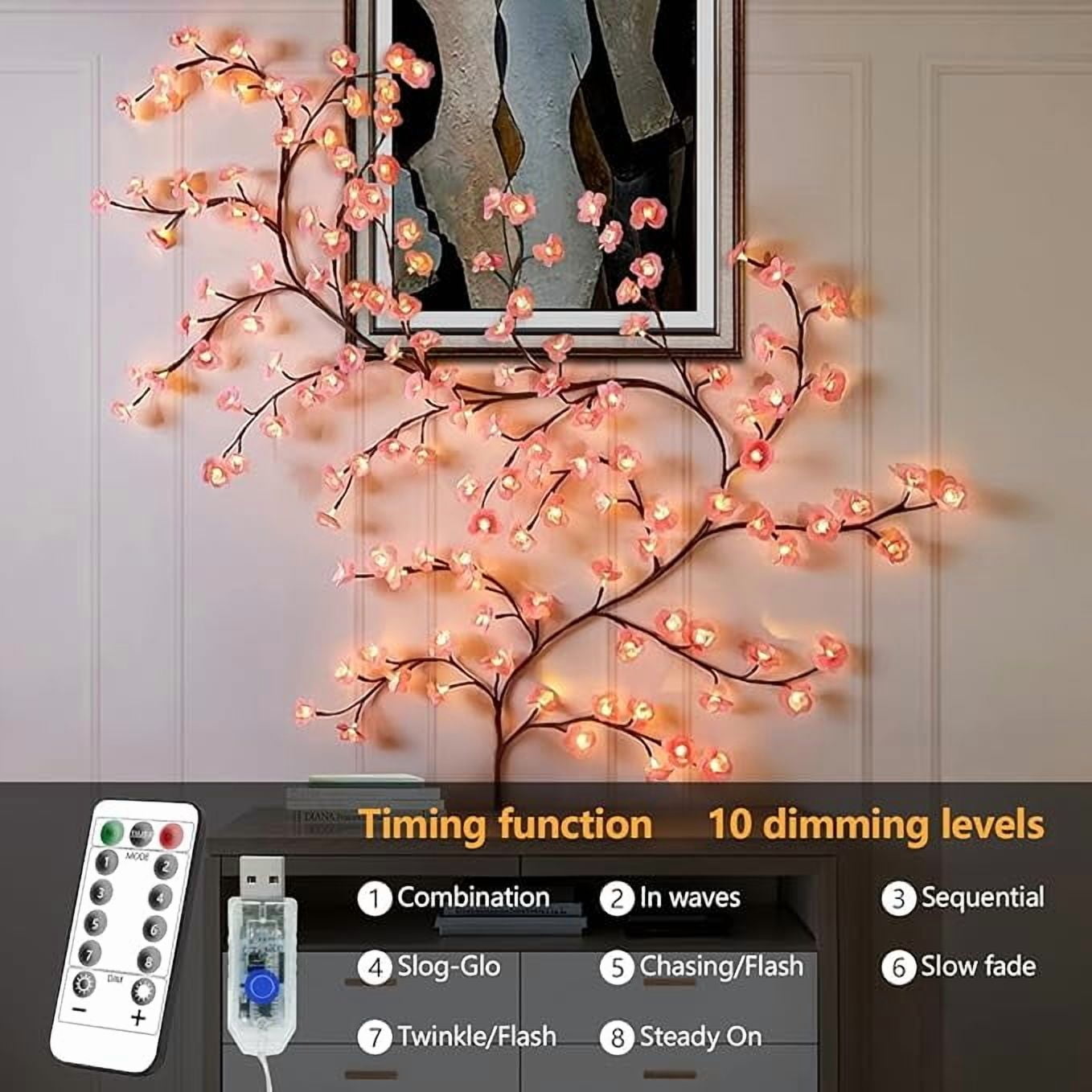 Cherry Enchanted Willow Vine Lights, Cherry Blossom LED Tree Branch Lights for Wall, 7.5FT 144 LED, Remote Timer, 8 Light Model, for Bedroom Wall Doors Windows Wedding Christmas Holiday