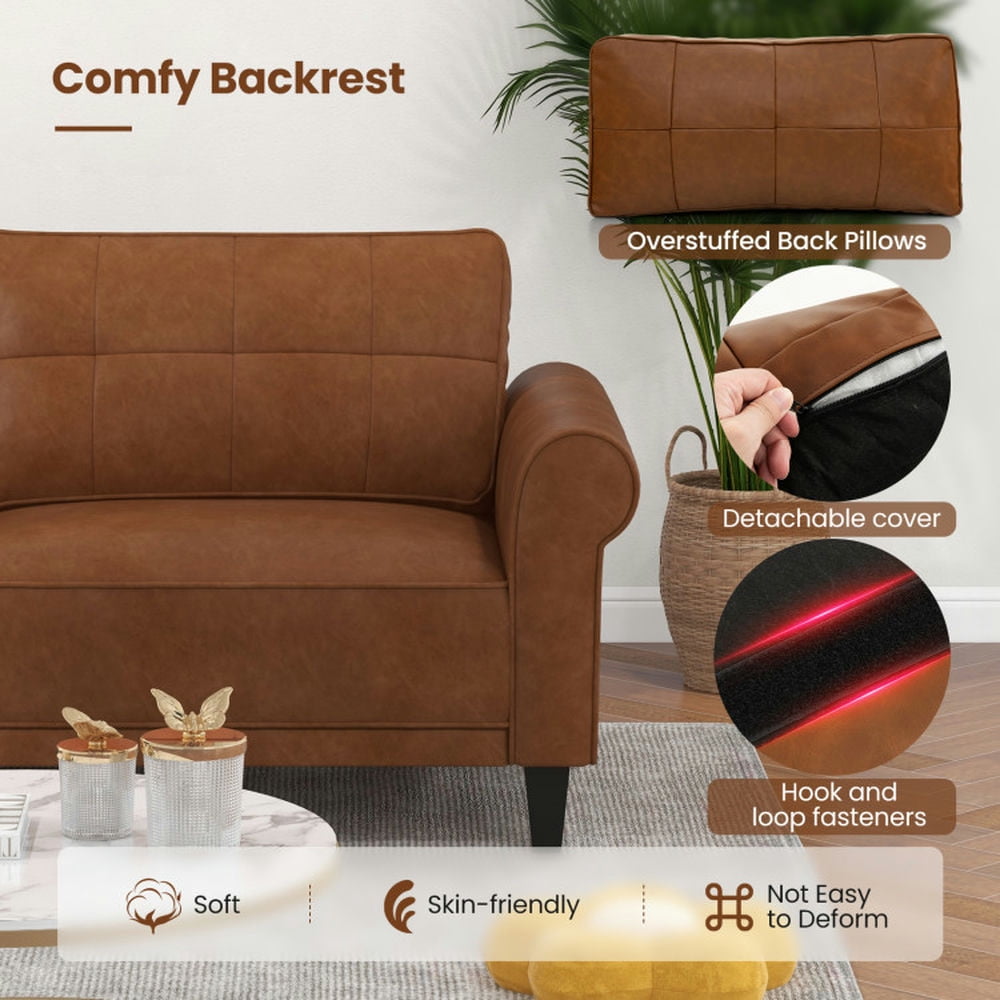 Finihen Loveseat Sofa, PU Leather Sofa Couch, PU Leather Modern 3-Seater Sofa Couch with 2 Detachable Back Pillows, for Living Room, Bedroom, Brown Finihen Loveseat Sofa, PU Leather Sofa Couch, PU Leather Modern 3-Seater Sofa Couch with 2 Detachable Back Pillows, for Living Room, Bedroom, Brown