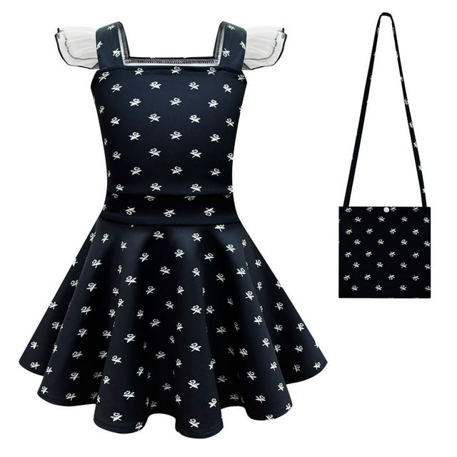 HAWEE Costume d'Addams pour Filles Robe Noire à Manches Volantées Robe Décontractée Fête d'Halloween Cosplay Wednesday Addams avec Perruque, Sac