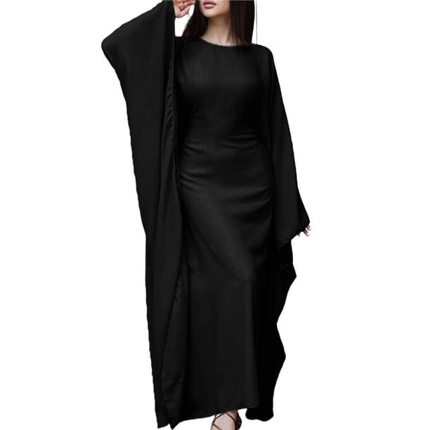 Vestido Islámico Elegante de Color Liso con Mangas Murciélago para Mujer. Negro XL