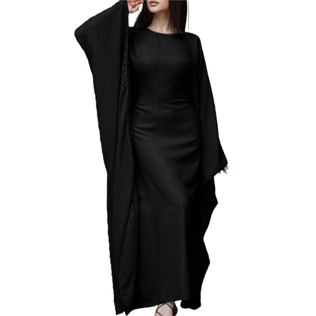 Vestido Islámico Elegante de Color Liso con Mangas Murciélago para Mujer. Negro XL