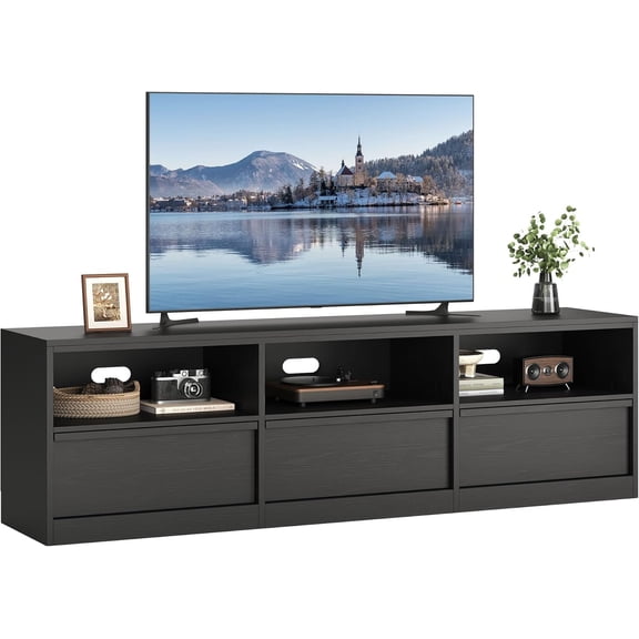 70 in TV Stand for 65-75 Inch TVs, Mid Century Industrial Entertainment Center with 3 Drawers, 3 Open Shelves and Cable Holes for Living Room, Bedroom,Black
