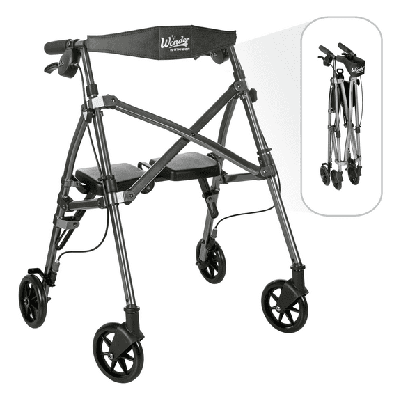Stander Space Saver Rollator Short, Lightweight Junior Folding Walker for Seniors, Petite Four Wheel Rolling Walker with Seat & Locking Brakes, Black Walnut