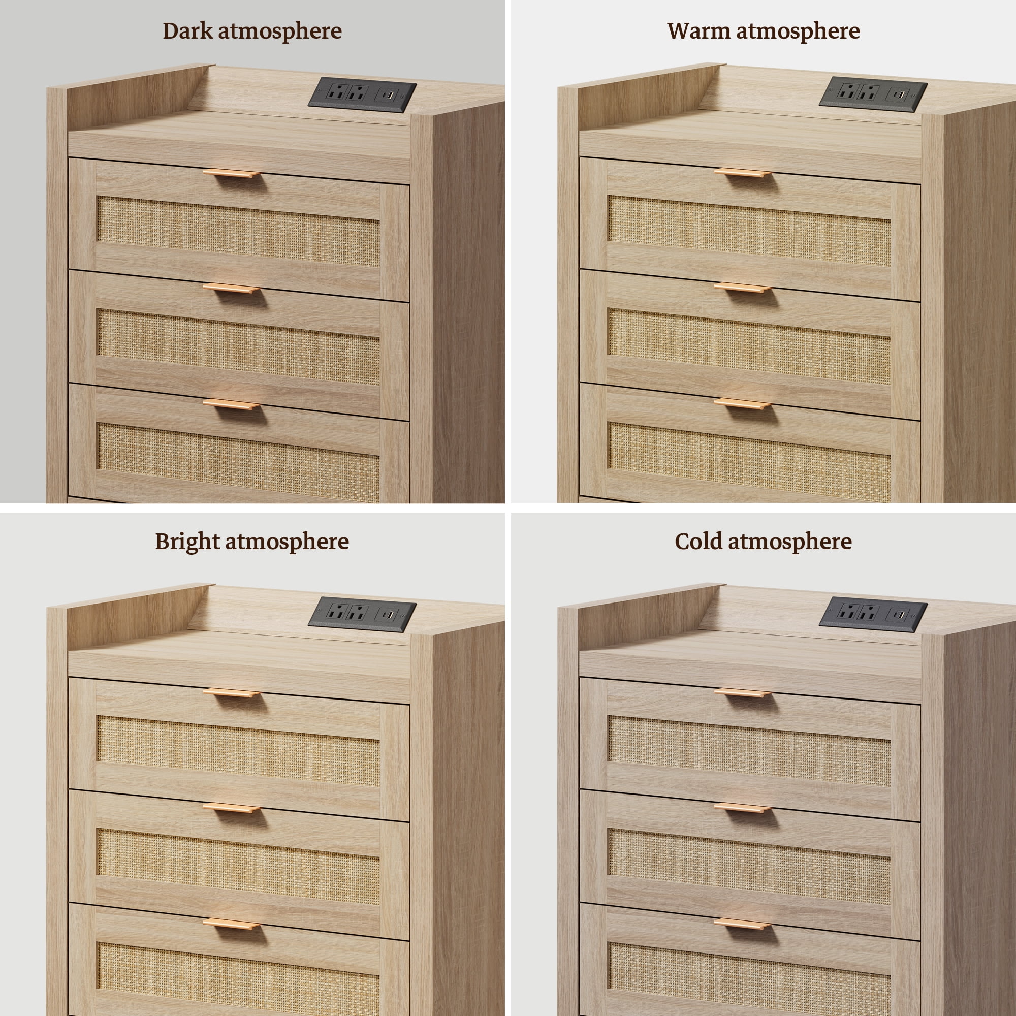 SICOTAS 26.57"H Tall Boho Night Stands Set 2 with Charging Station, Rattan Farmhouse Nightstands with 3 Drawers and Type-c Ports End Table Bed Side Table for Bedroom Enrtyway Livingroom,Light Oak