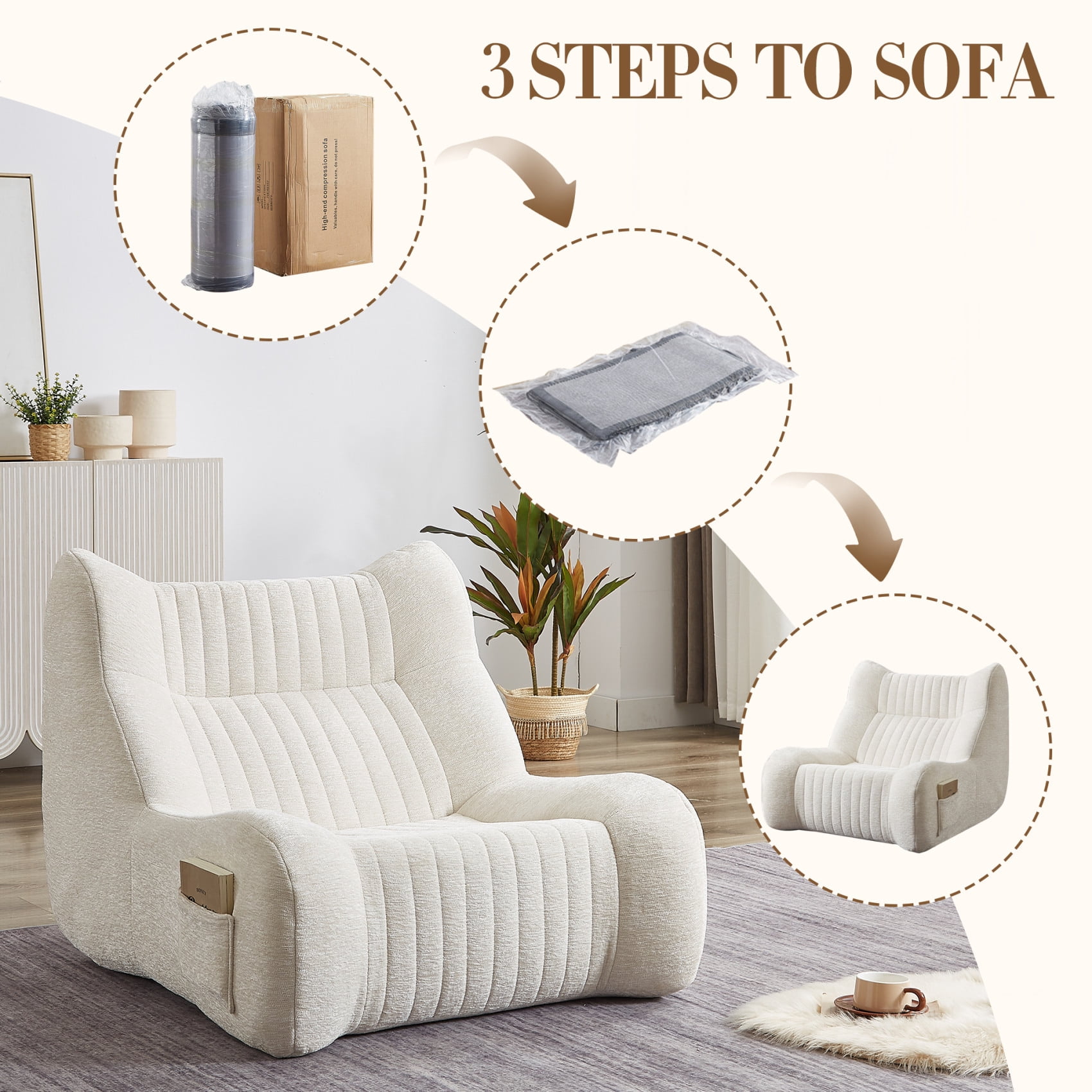 Giant Bean Bag Chairs for Adults, Chenille Lazy Floor Sofa with 21-inch High Backrests and Side Pocket, Cozy Accent Lounge Chair for Living Room, White