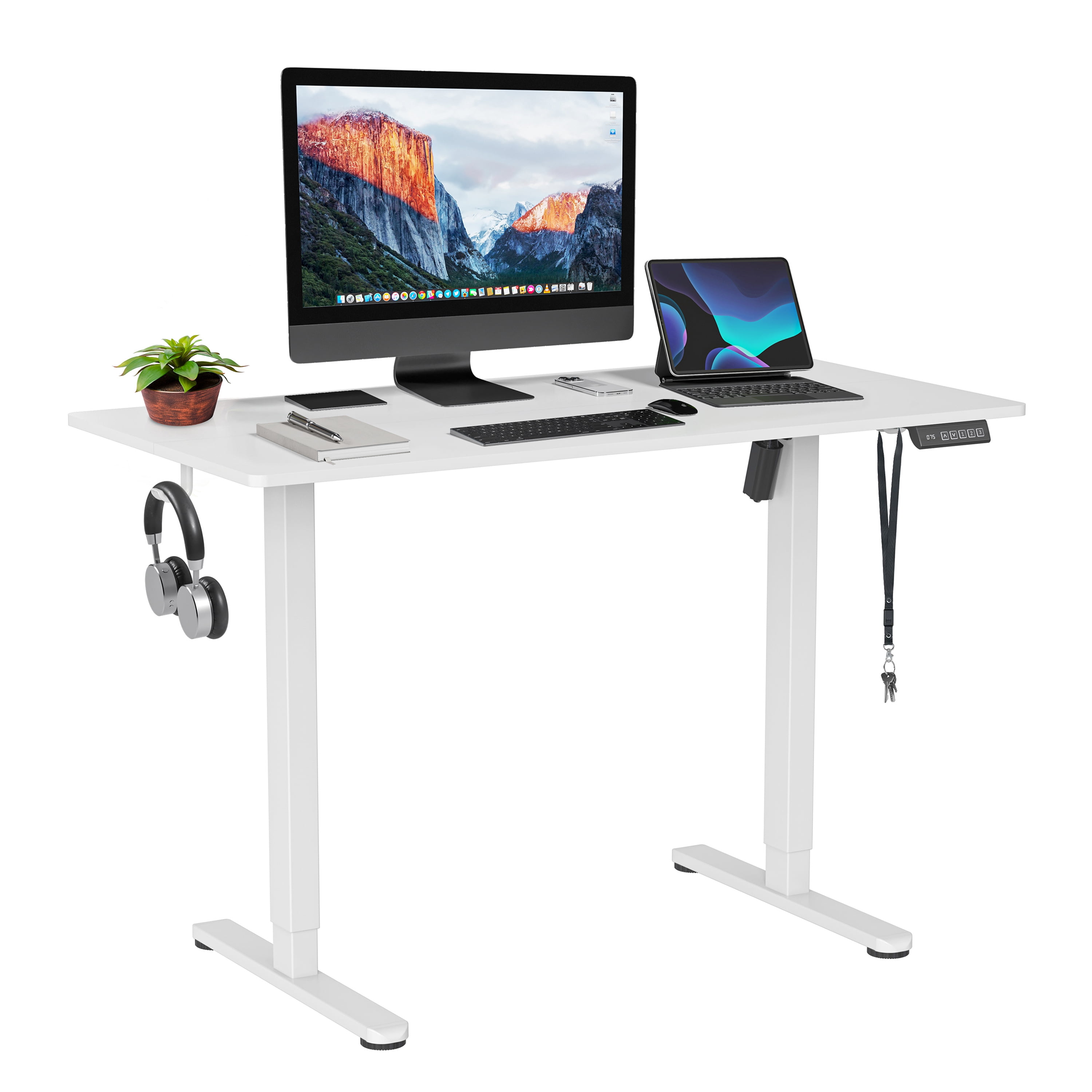 Sit-to-Stand Desk, Height Adjustable Standing Desk with 3 Memory Presets & Dual Headphone Hooks, Electric Lift Workstation for Home Office Gaming