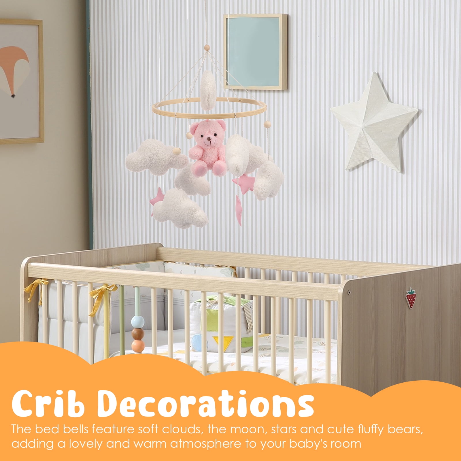 Baby Crib Mobile Soft Plush and Wood Nursery Mobile Cute Baby Bed Bell Charming Nursery Decor for Infant Newborn Boy Girl