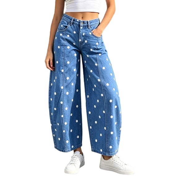 Avirosel Women's Polka Dot Barrel Jeans Casual High Waisted Wide Leg Cropped Denim Pants with Pockets for Fall Blue