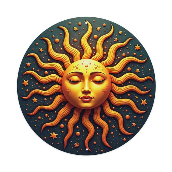 Vintage Wall Decor Sun Face Gold Wall Plaque Sign Round Metal Tin Sign Round Welcome Door Hanging, Suitable for Home Garden Kitchen Bar Cafe Restaurant Garage Wall Decor 8x8 Inch