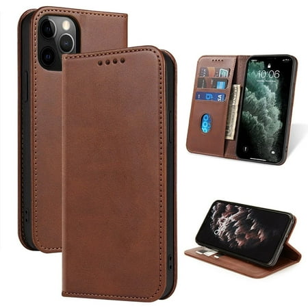 Leather Wallet iPhone 13 Pro Max Case (Brown) Magnetic Folio Card Slot Holder Flip Kickstand Shockproof Cover
