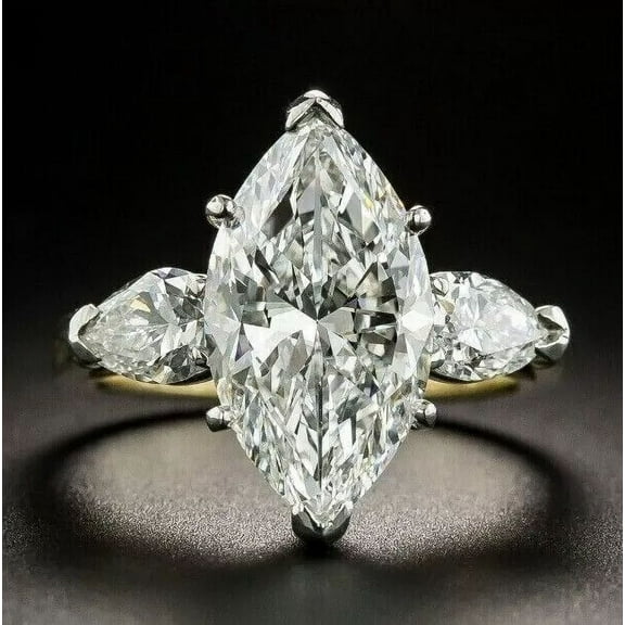Aishvi Jewels 4Ct Marquise Cut Lab Created Diamond Three Stone Engagement Ring 14k Two Tone Gold Plated