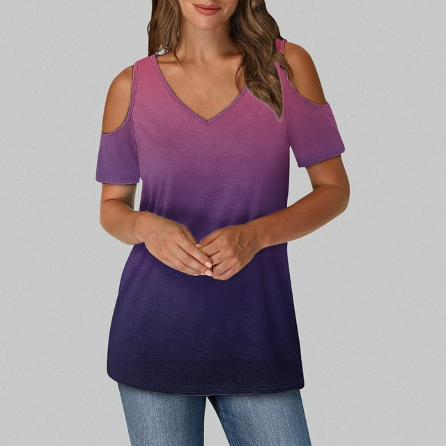 Soki Womens Tops Gradient Short Sleeved V-Neck Off Shoulder Fashionable Summer Clothes