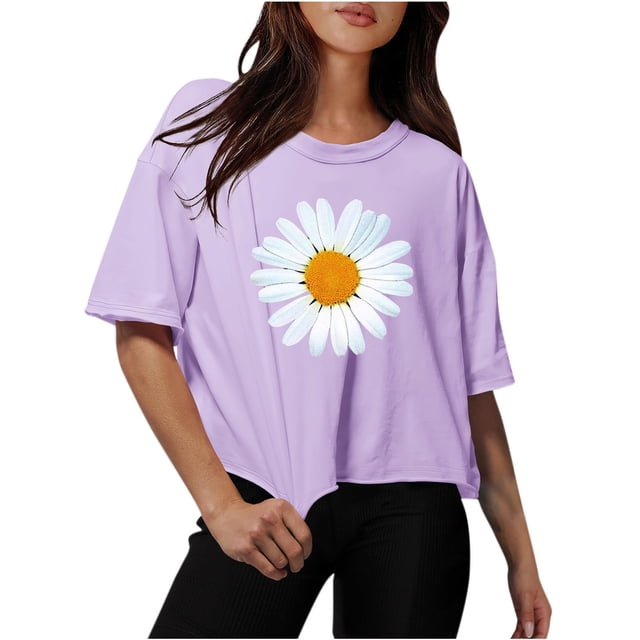 Blouses for Women Drop Shoulder Round Neck Oversized Crop Tops Workout Tops Tees