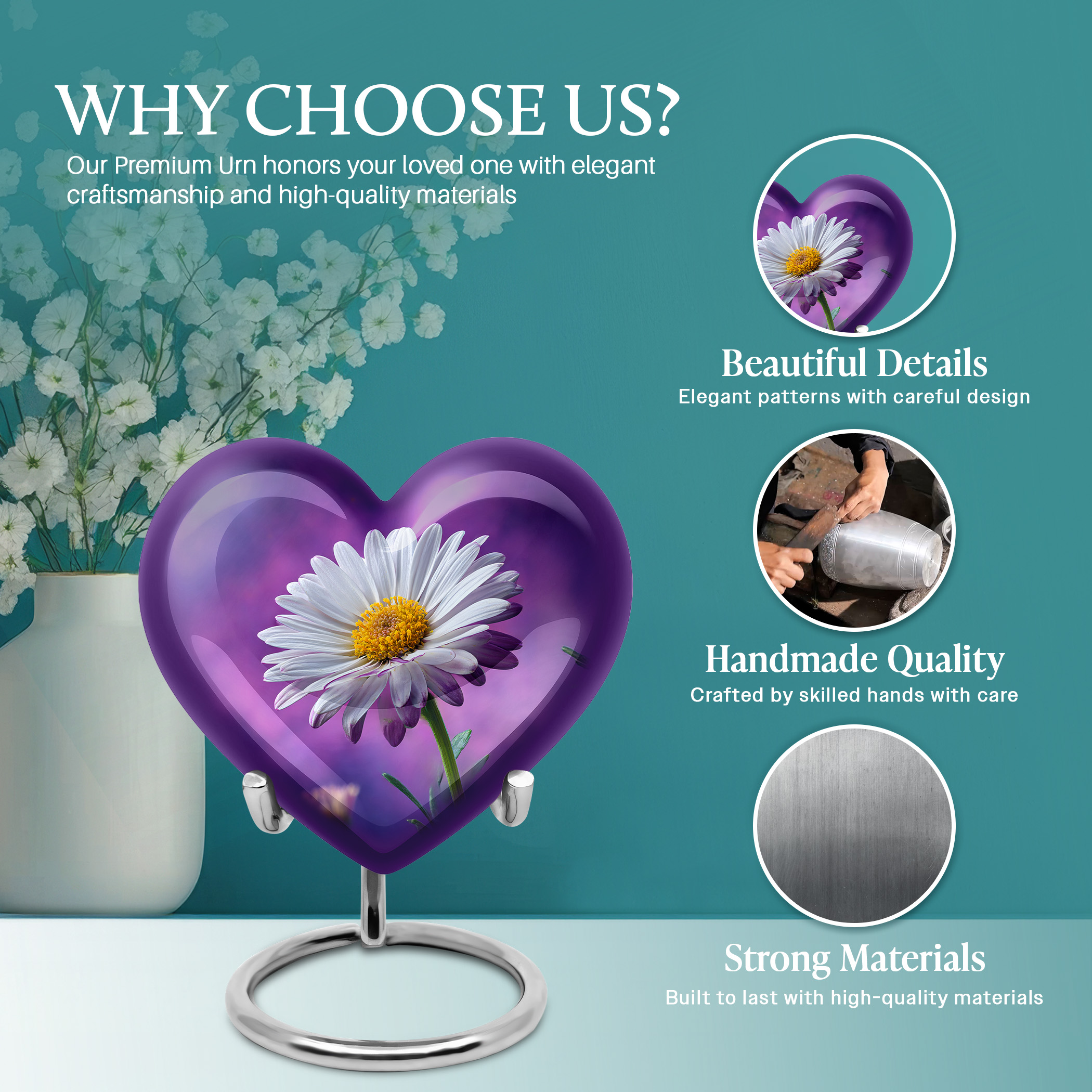 SABURIAL Daisy Urn - Memorial Urn For Male - Keep Sake For Ashes - Combo - 8 Inch Large With 3 Inch - Tiny Urns