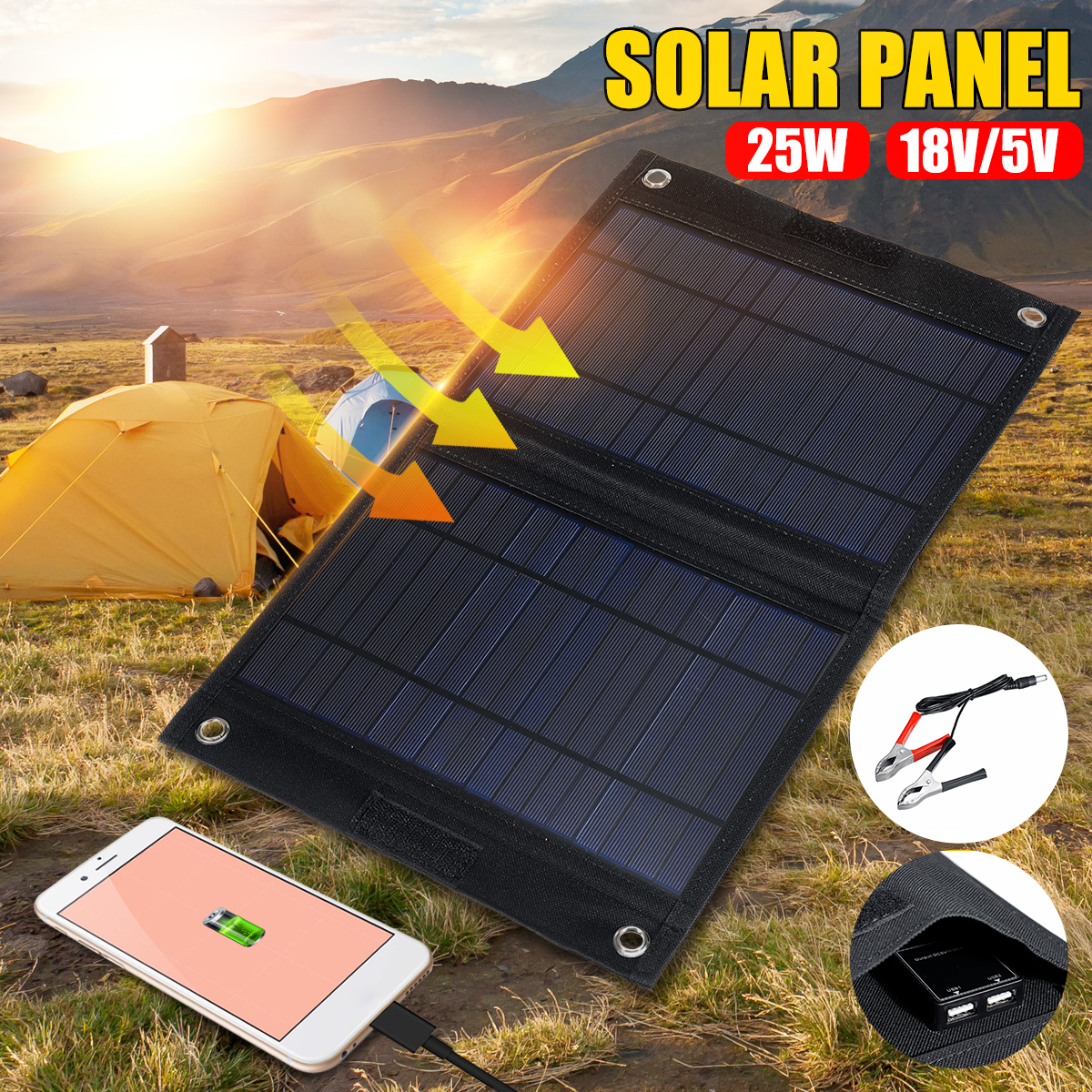 25W DC18V//5V Portable Solar Panel Sun-Power Battery Charger Boat Home Camp USB
