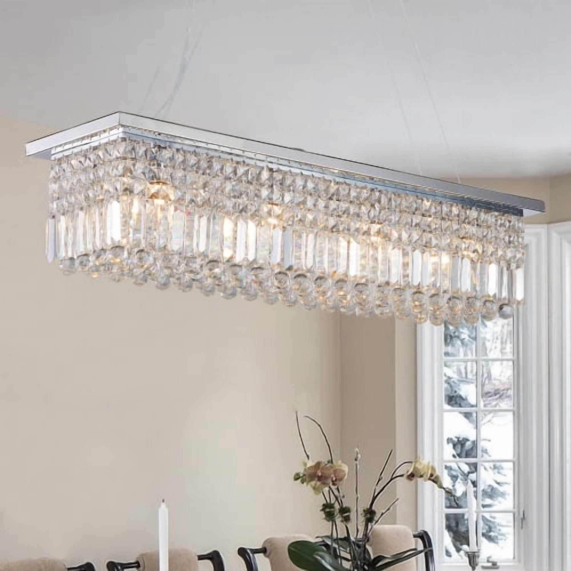 ACE-LIGHTS,Modern Crystal Chandelier,8-Light Chrome Rectangle Raindrop Chandelier(Bulb Not Included),Contemporary Rectangular Pendant Light Fixture for Living Room,Dining Room,Kitchen,Bedroom(Chrome)