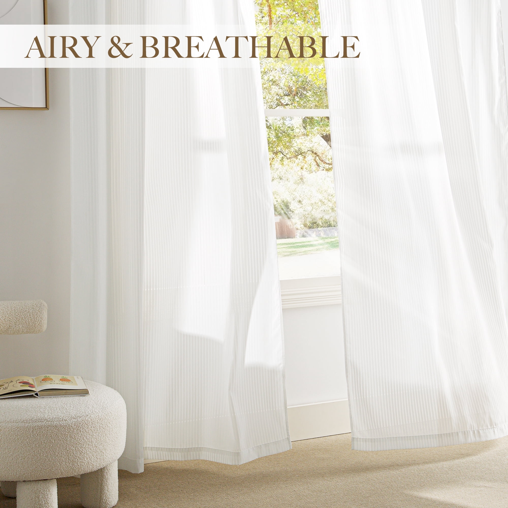 NICETOWN Sheer Curtains for Kitchen, Sheer Privacy Curtains Vertical Striped transparent texture Light Filtering Living Room Curtains Grommet Sheer Curtain Panels, White, 52"x63", 2 Panels