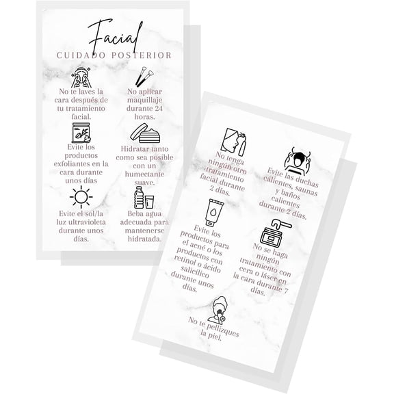 SPANISH Facial Aftercare Card  50 Pack  2x3.5 inches Business Card  Facial Supplies  For Clients for Estheticians and MediSpa