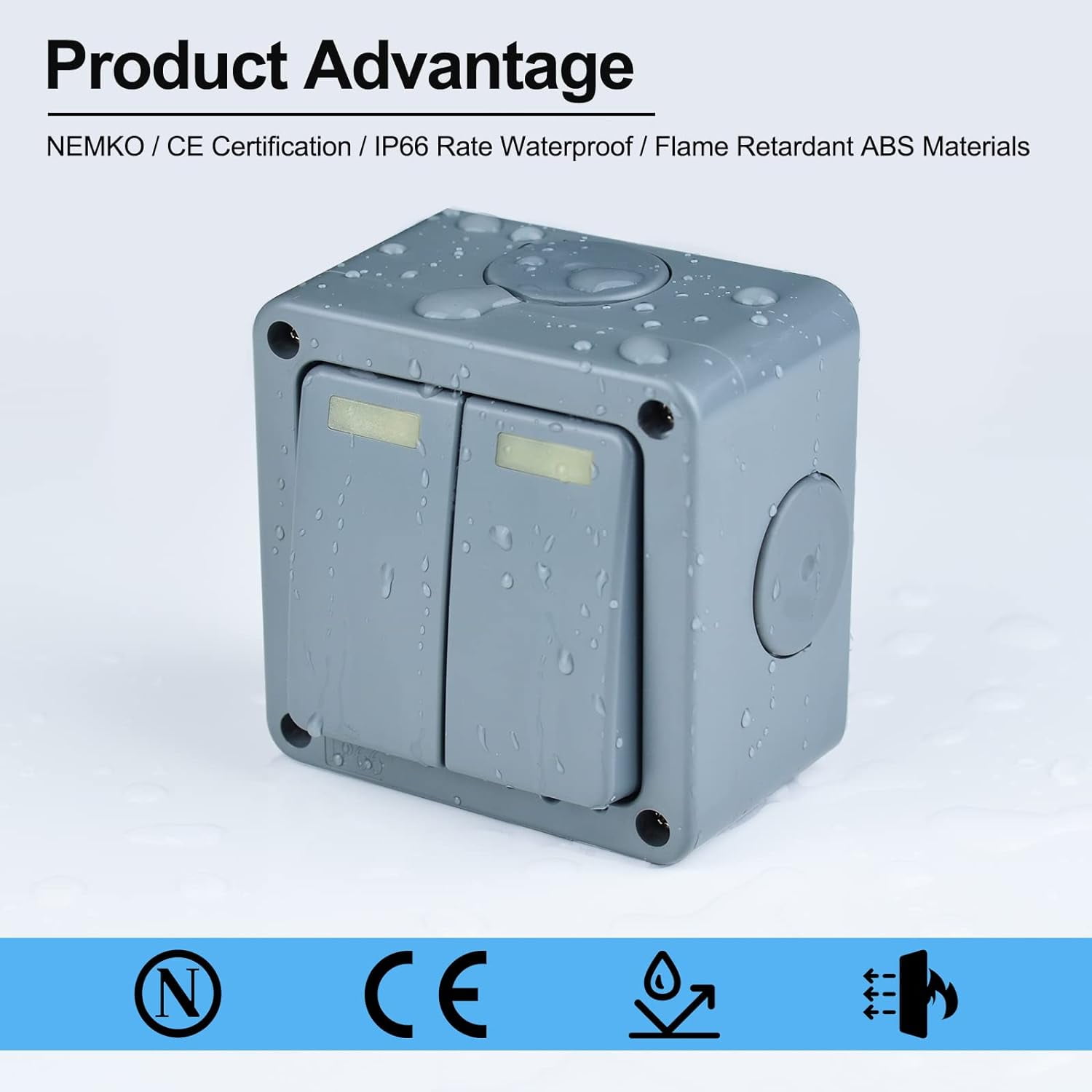 Waterproof  Outdoor Light Switch, GREENCYCLE 2PC 15A 125VAC 2-Gang 2-Way Dual Switch Storm Weatherproof Outdoor Switched 5-Pole Press Socket IP66 Rated