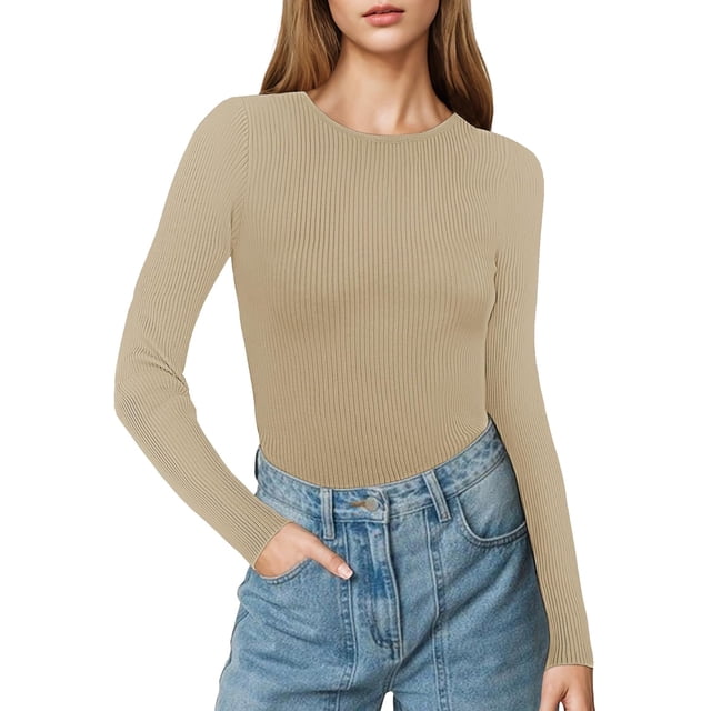 Women's Ribbed Long Sleeve Crewneck Sweater Knit Fitted Soft Light Pullovers Sweater Fall Basic Casual Tops