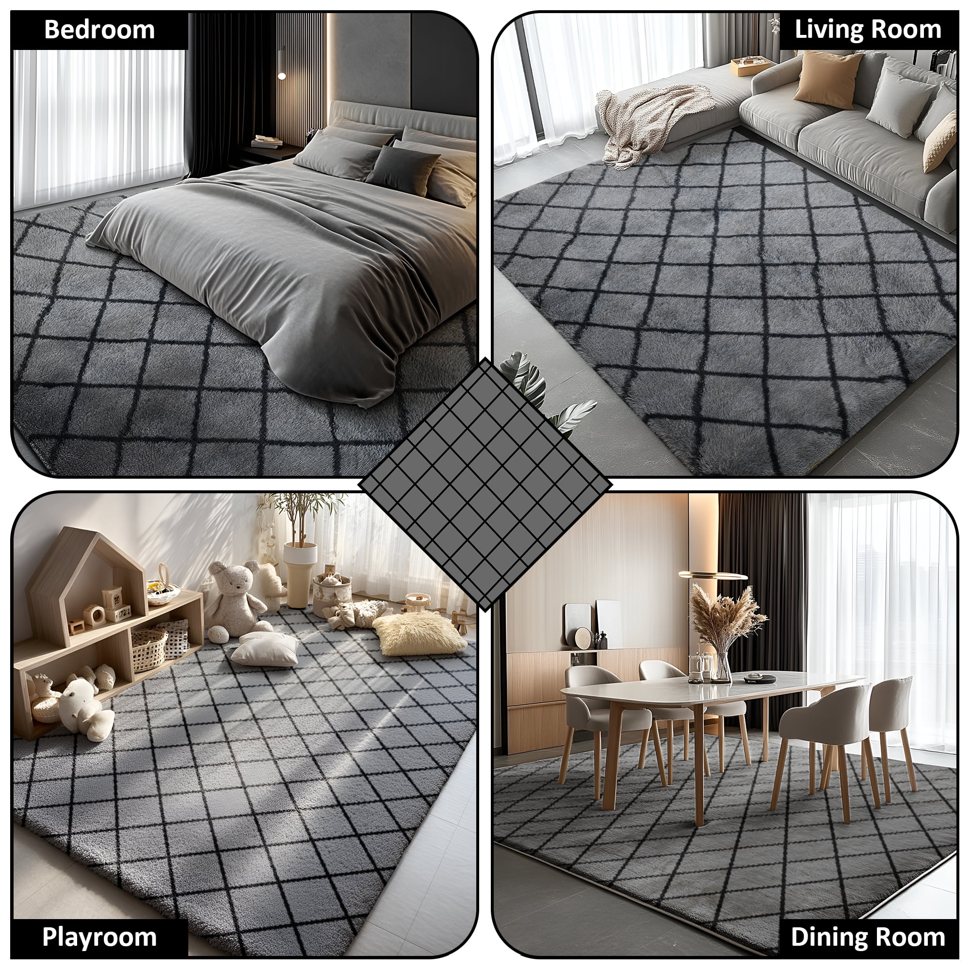 Pentantan Shag Area Rug, 5’ x 8’ Grid Soft Fluffy Indoor Rugs for Living Room Bedroom Carpet, Gray & Black