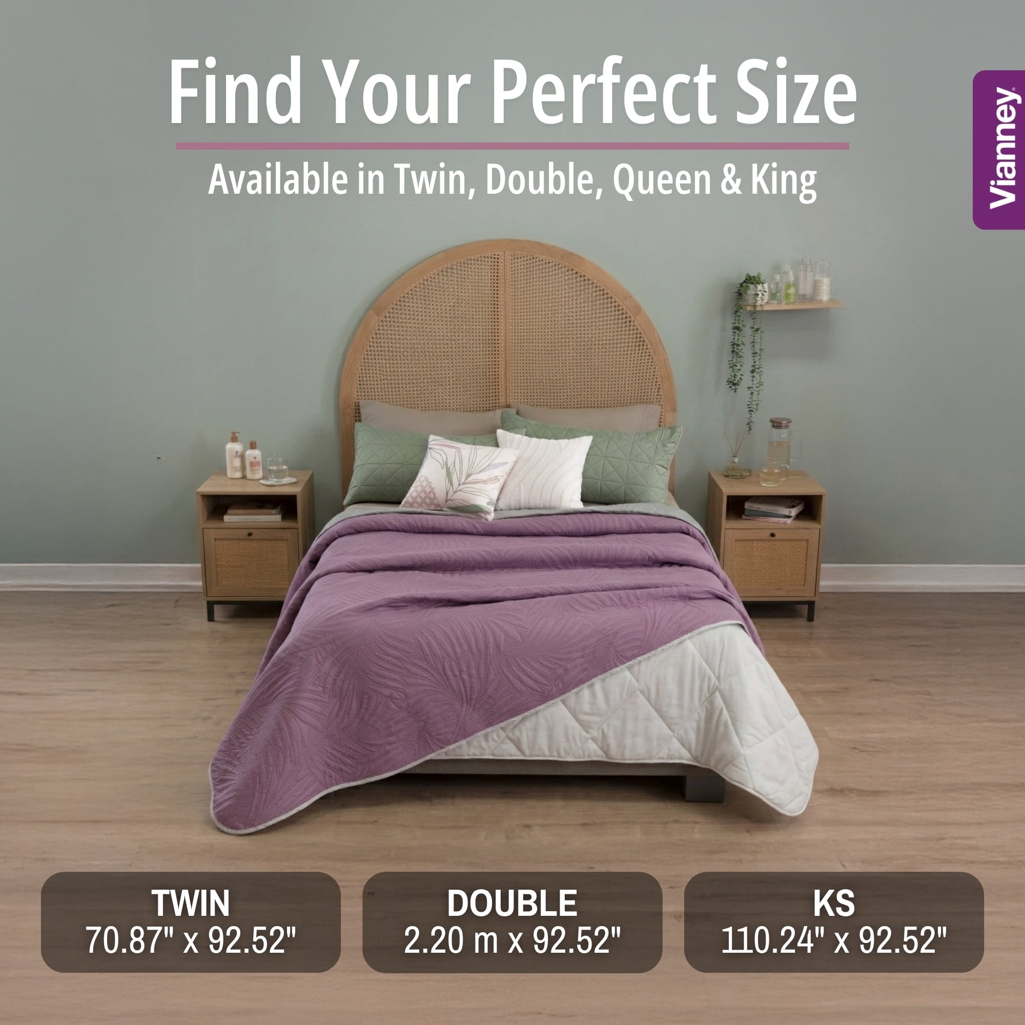 Vianney King Size Comforter, Novo Mallow Bedding, Reversible Lightweight Quilt Blanket in Light Purple and Light Grey with Palm Leaf Quilt Pattern, Light Weight, 110”x93”