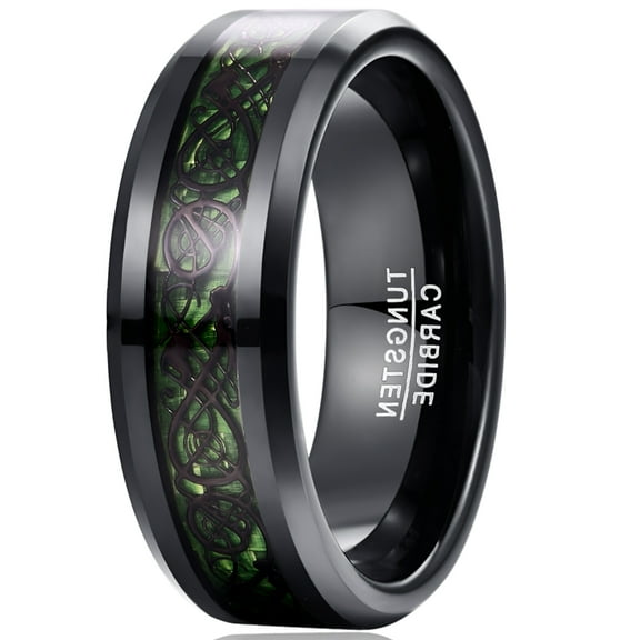 Men's 8mm Black Tungsten Carbide Wedding Ring Celtic Tungsten Ring Celtic Dragon Inlay Polished Finish Size 5-15
