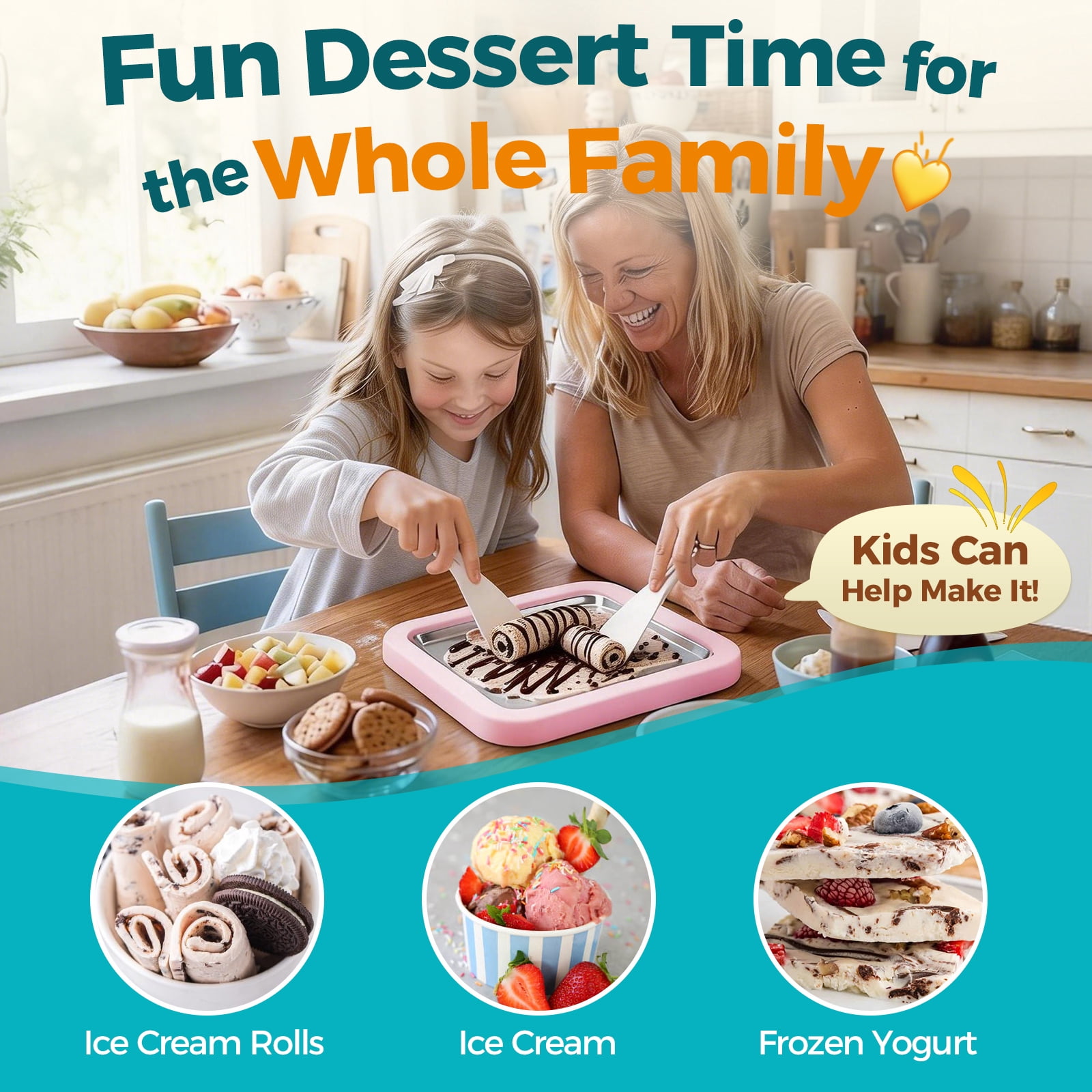 Rolled Ice Cream Maker with Quick Start Guide - DIY Instant Ice Cream Tray Kit, 2 Scrapers for Manual Homemade Ice Cream Rolls, Frozen Yogurt, Sorbets & Slushies, No Electricity Needed（pink）