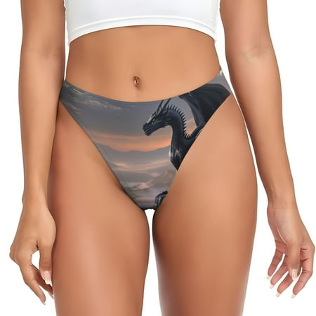 Qokaie Black Dragon Cliff Dawn Printed Women s Cotton Thong Underwear  Sexy Breathable Panties G-string-Medium