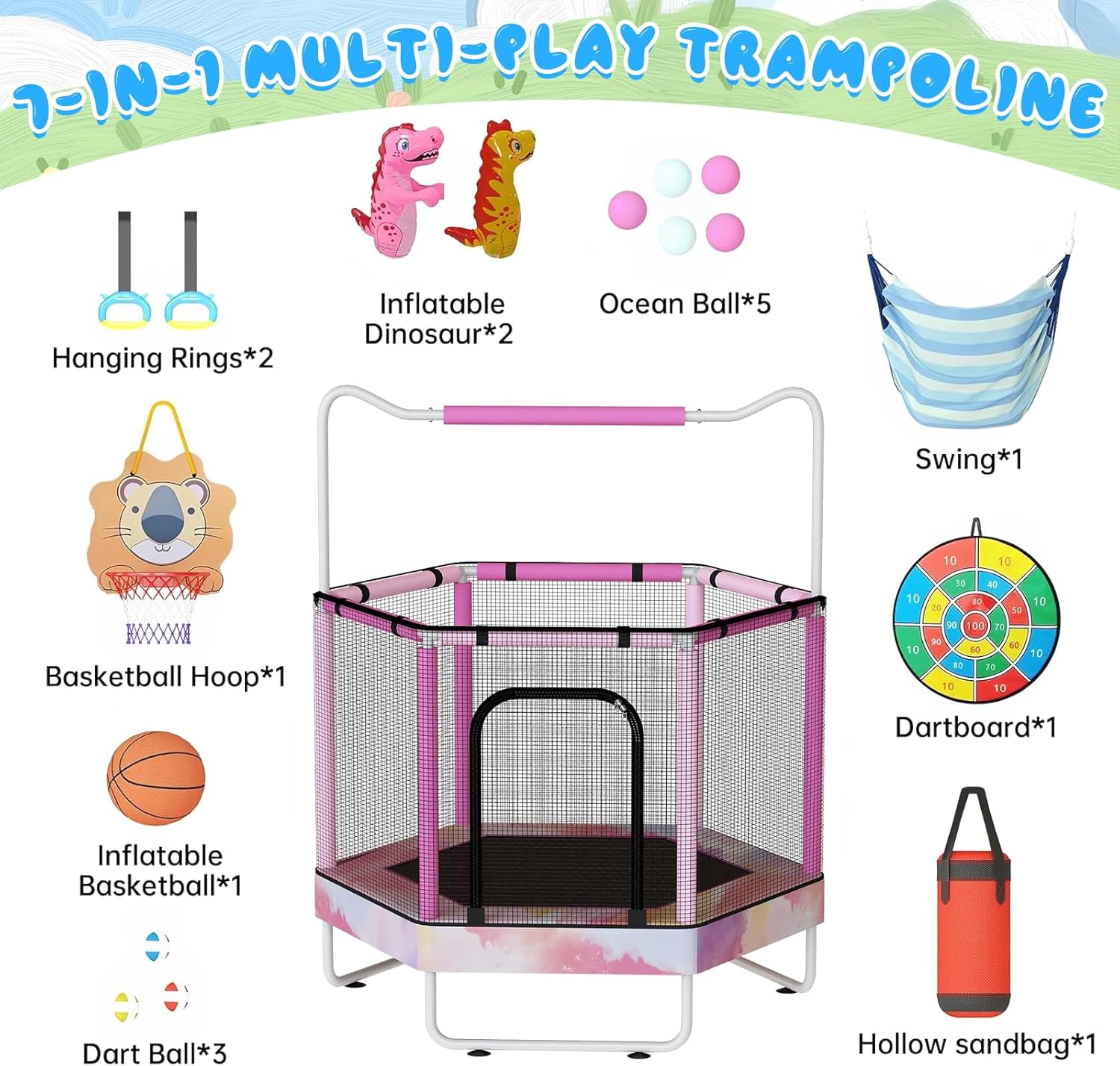 Baxluxe Toddler Trampoline for Kids Ages 3-8, 55in 7-in-1 Upgraded Indoor Trampoline with Net ,500lbs Capacity Safe Trampoline,Inside Pink Mini Trampoline Boys Girls Outdoor Adjustable Height