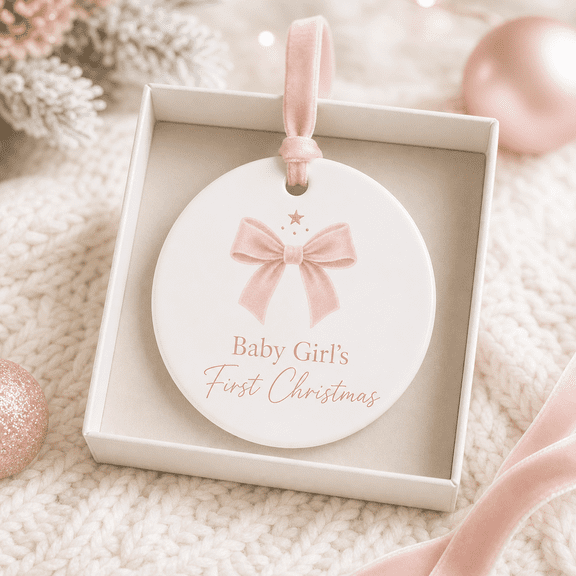 Christmas Ornament First Christmas Blush Bow Velvet Ribbon Hanging Keepsake Gift