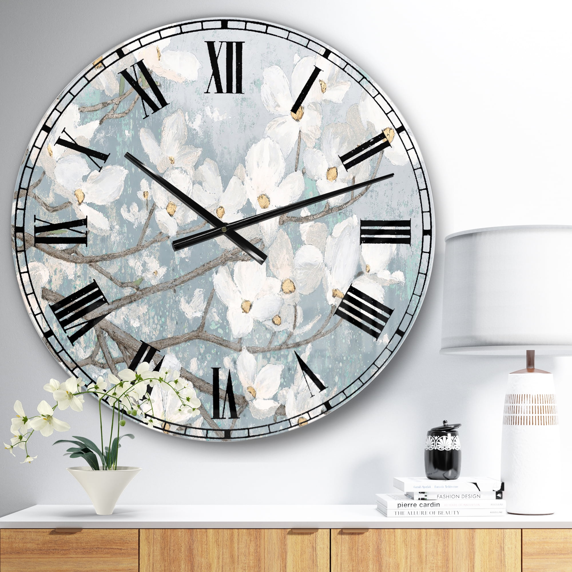 Designart 'Blue on Grey Blossoms ' Traditional Wall Clock