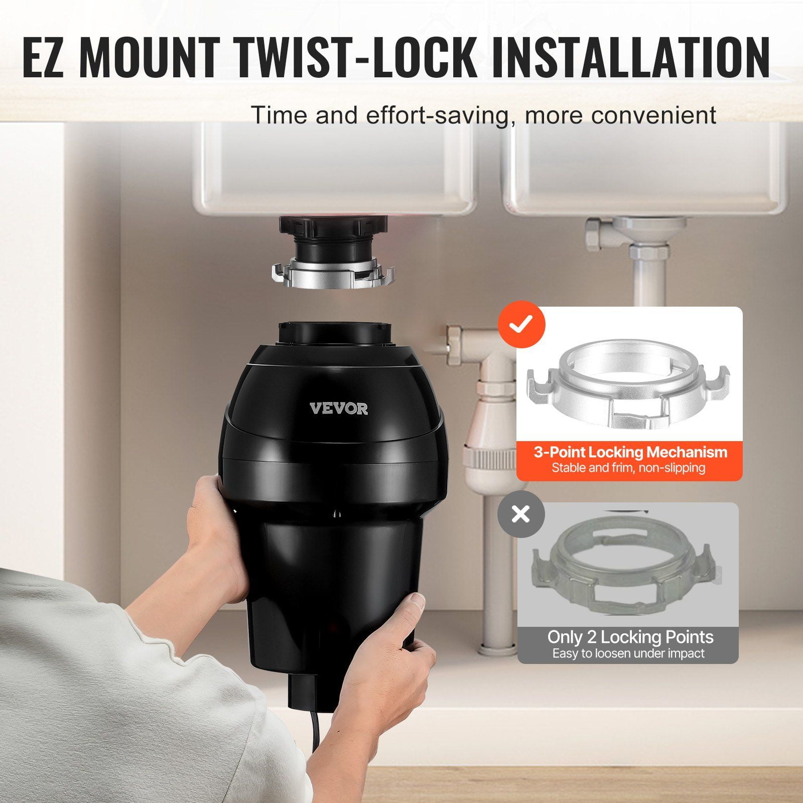 1HP 3270RPM Continuous Feed Garbage Disposal Food Waste Disposer with EZ Connect Grinding System Sound Reduction Power Cord Splash Guard for Kitchen Sinks