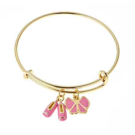 Pori Jewelers 18kt Gold Plated 925 Sterlig Silver Light Pink Ballet Slippers and Bow Enamel Kids Bangle