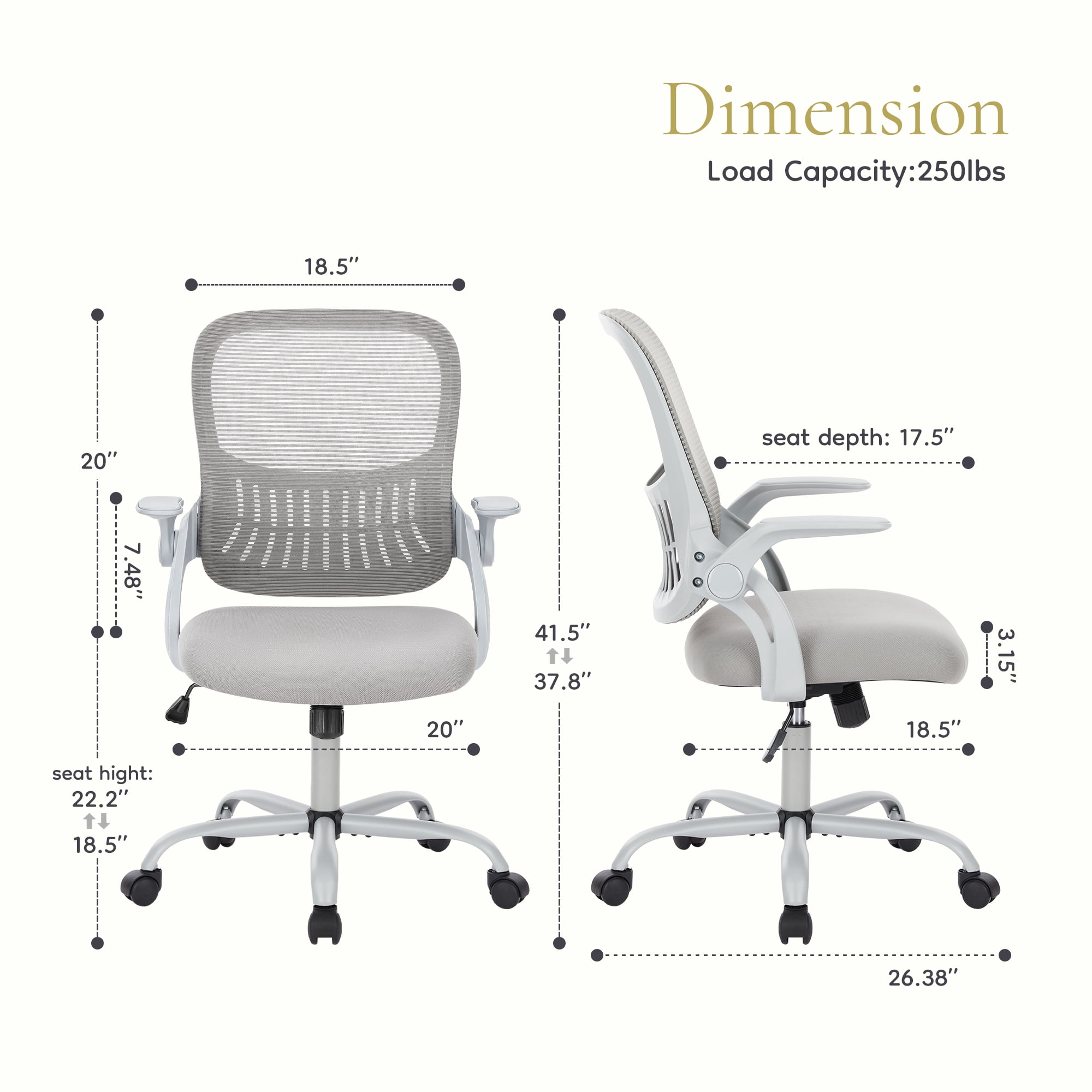 JOINSUN Office Chair with Adjustable and Flip-up Armrest, Ergonomic Mesh Desk Chair with Lumbar Support, Grey