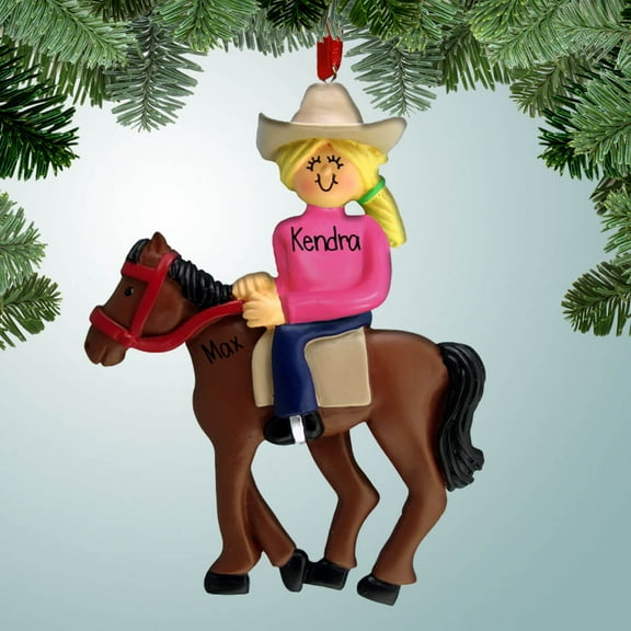 Personalized Horseback Rider - Female Blonde Christmas Ornament - Farm - Equestrian - Dude Ranch - Riding a Horse