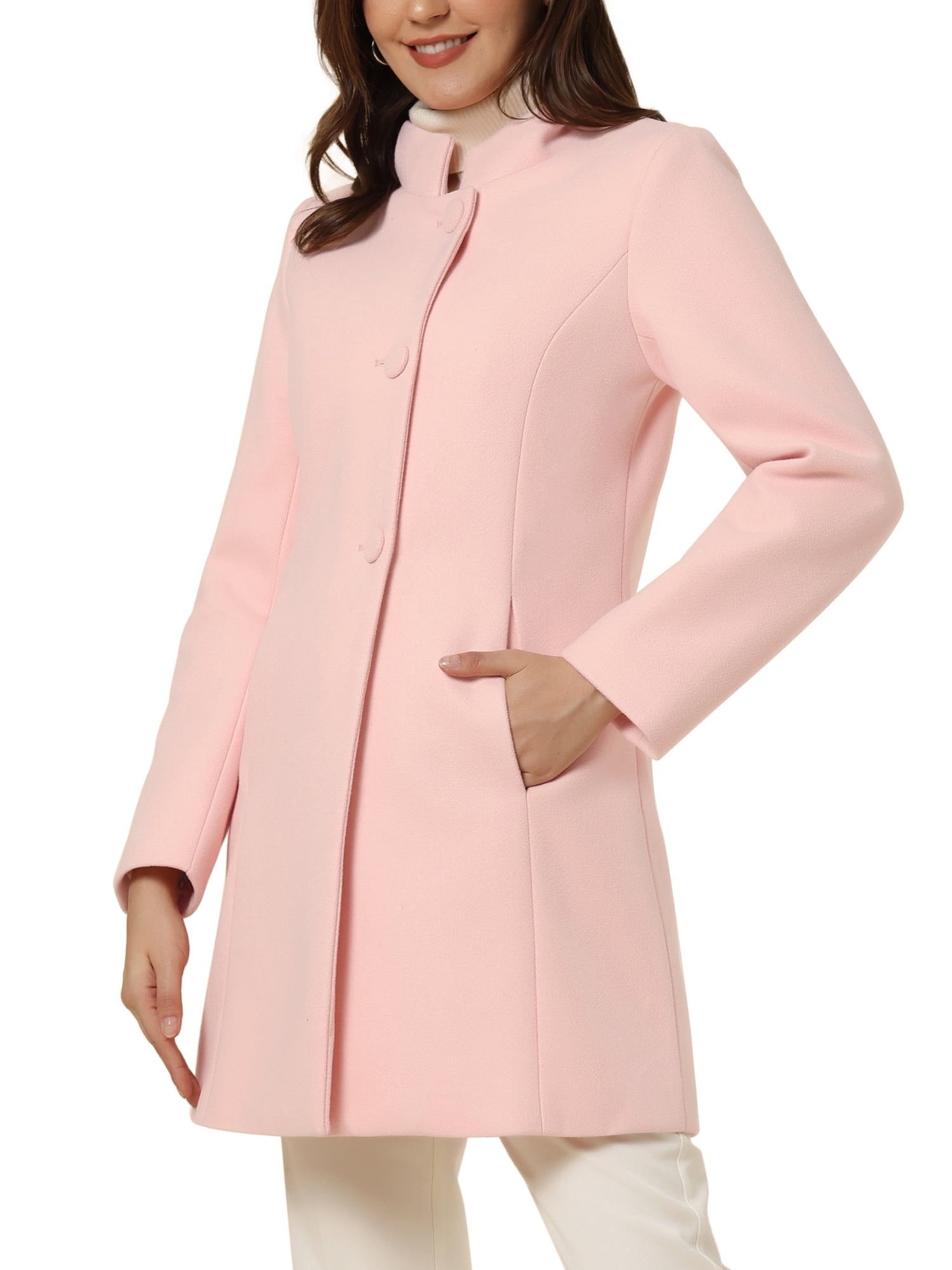 Unique Bargains Women's Winter Overcoat Stand Collar Single Breasted Long Coat S Light Pink