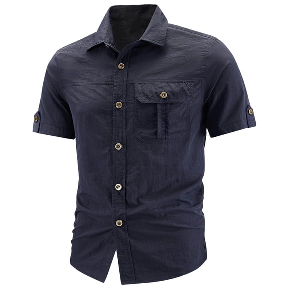Daiosportswear Cargo Shirts for Men Button Down Short Sleeve Shirt Slim Fit Casual Summer Blouse Outdoor Hiking Work Tops with Pocket Blue M(M)