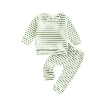 

Baby 2Pcs Fall Outfits Striped Print Waffle Knit Tops + Pants Set