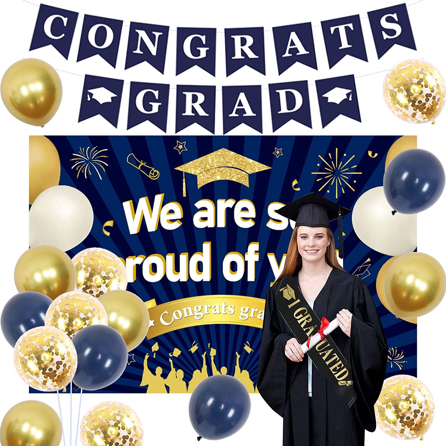 2023 Graduation Party Decorations Blue and Gold Pack, We Are So Proud of You Backdrop Congrats