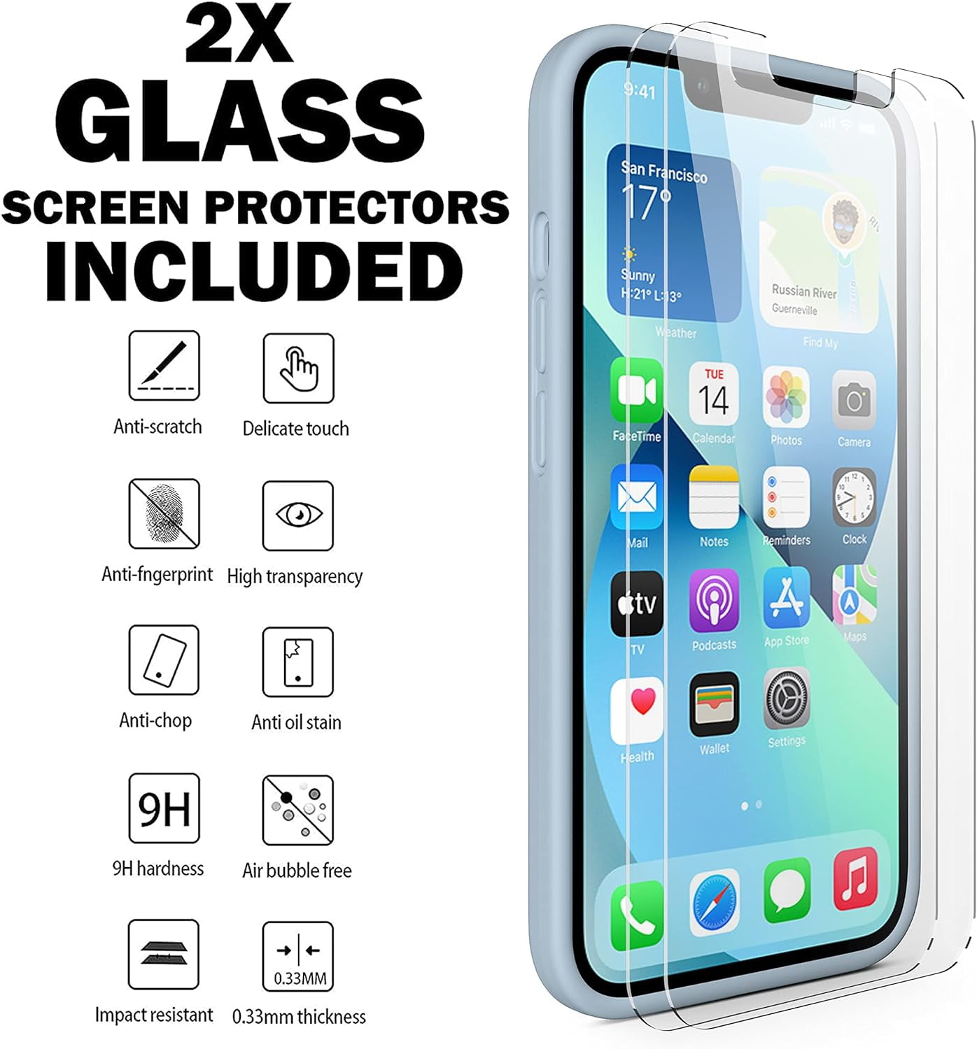 CellEver Heavy-Duty Silicone Case for iPhone 13 Pro - Two Shatterproof Glass Screen Protectors, Military Drop Protection, Scratch-Free Interior, Light Blue